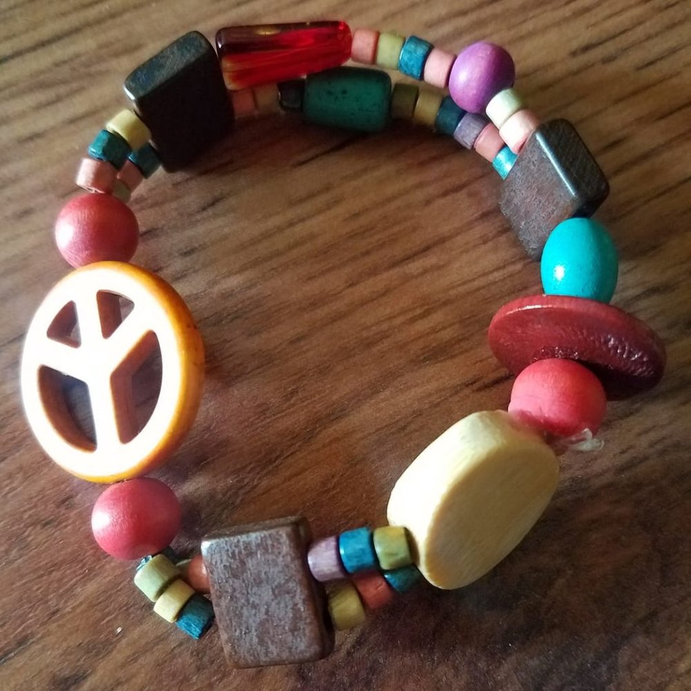 Pray For Peace Wood Bangle. Colorful